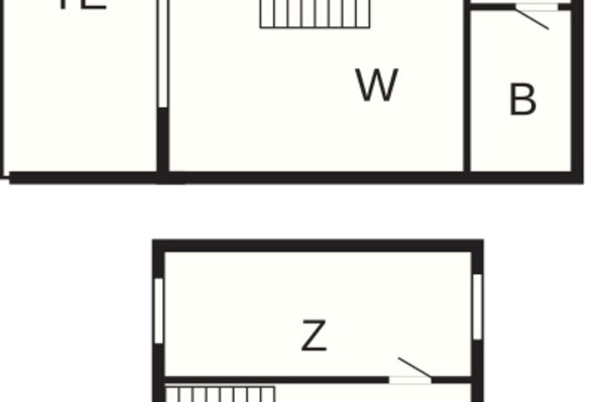 Distribución de un hotel con habitaciones identificadas como TE, E, W, K, B y Z.