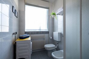 Shower, hair dryer, bidet, towels