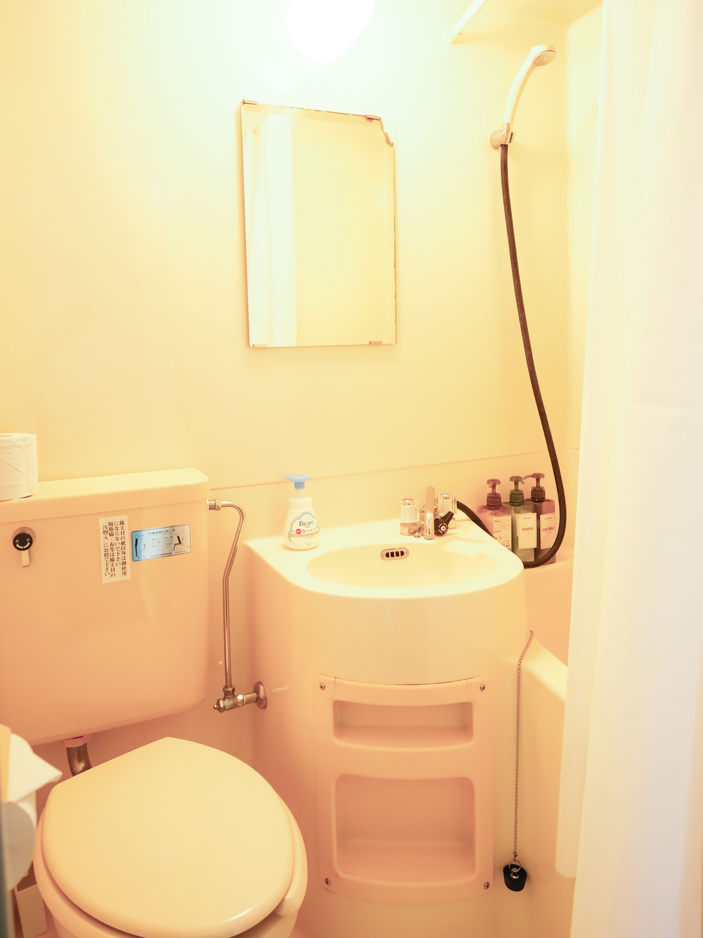 A small bathroom with a toilet, sink, and shower.