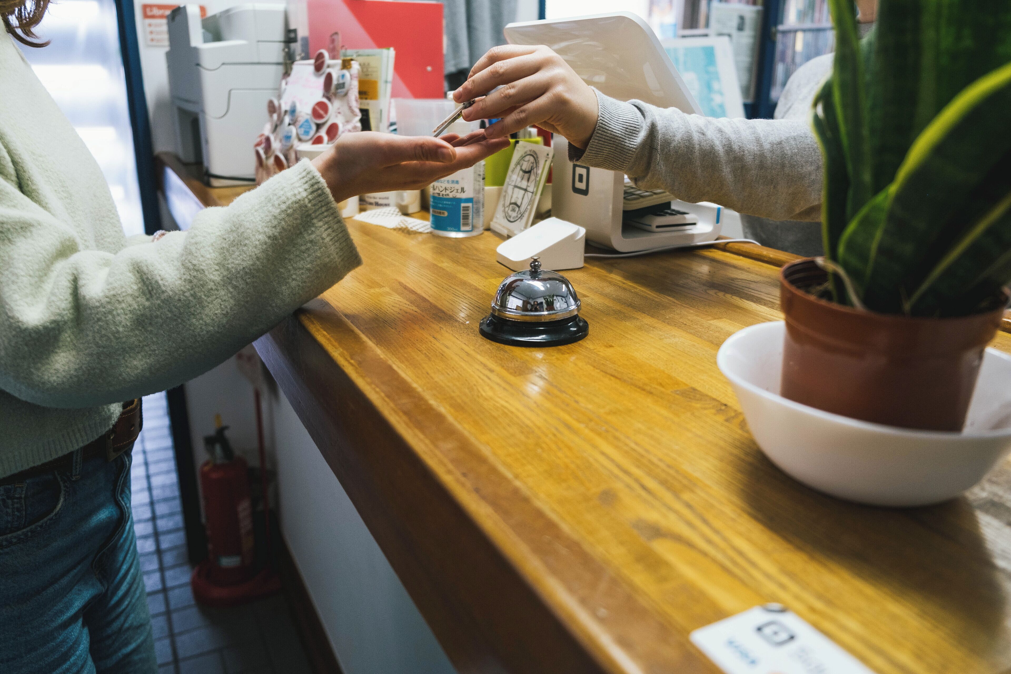Un comptoir en bois, avec une petite clochette, une plante en pot et un reçu.