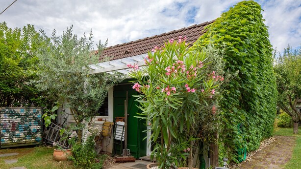 Een tuin met bloempotten, een groene deur en een pannendak.