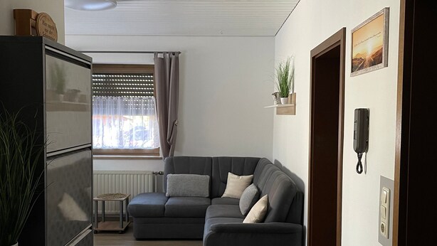 Un salon avec un canapé, une petite table, une plante et une porte sur laquelle est fixé un téléphone.