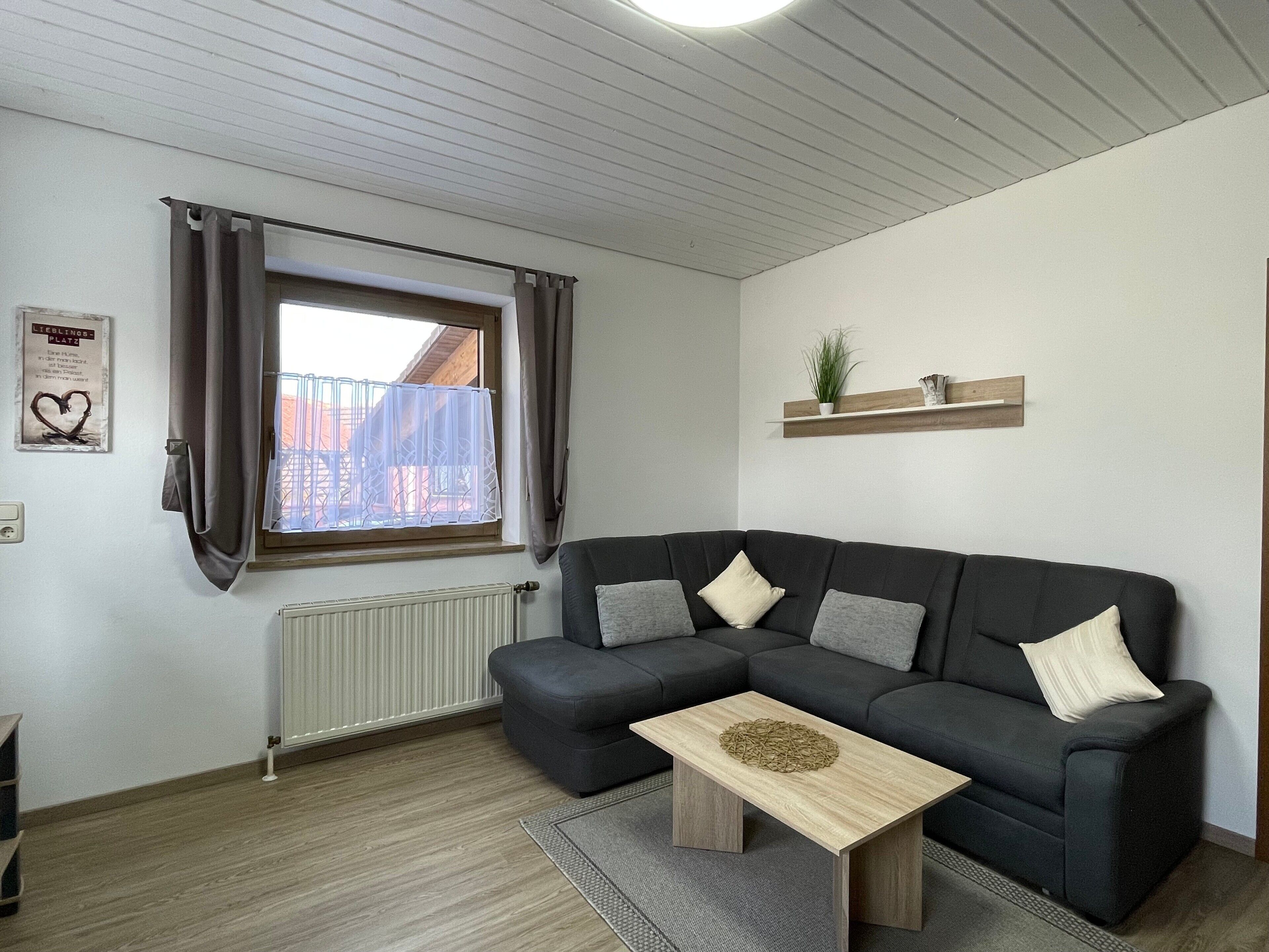 A modern living room with a sectional sofa, a wooden coffee table, a radiator, a window with curtains, and a shelf with a plant.