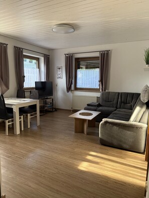 A living room with a sofa, a TV, a dining table with chairs, and a window with curtains.
