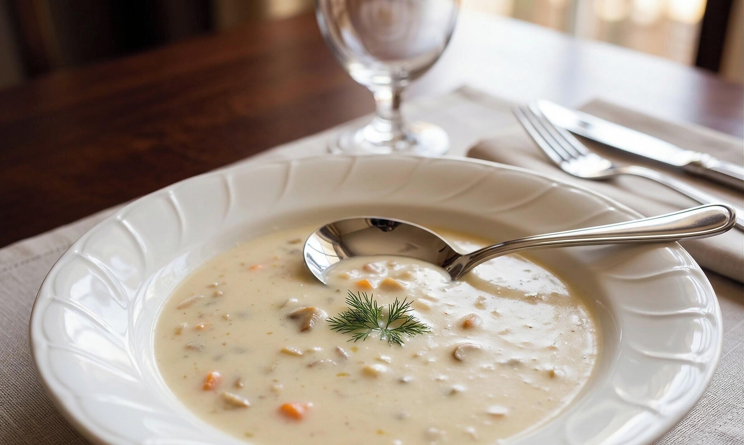 Eine Schale cremige Suppe mit einem Löffel, garniert mit Dill, auf einem weißen Teller.