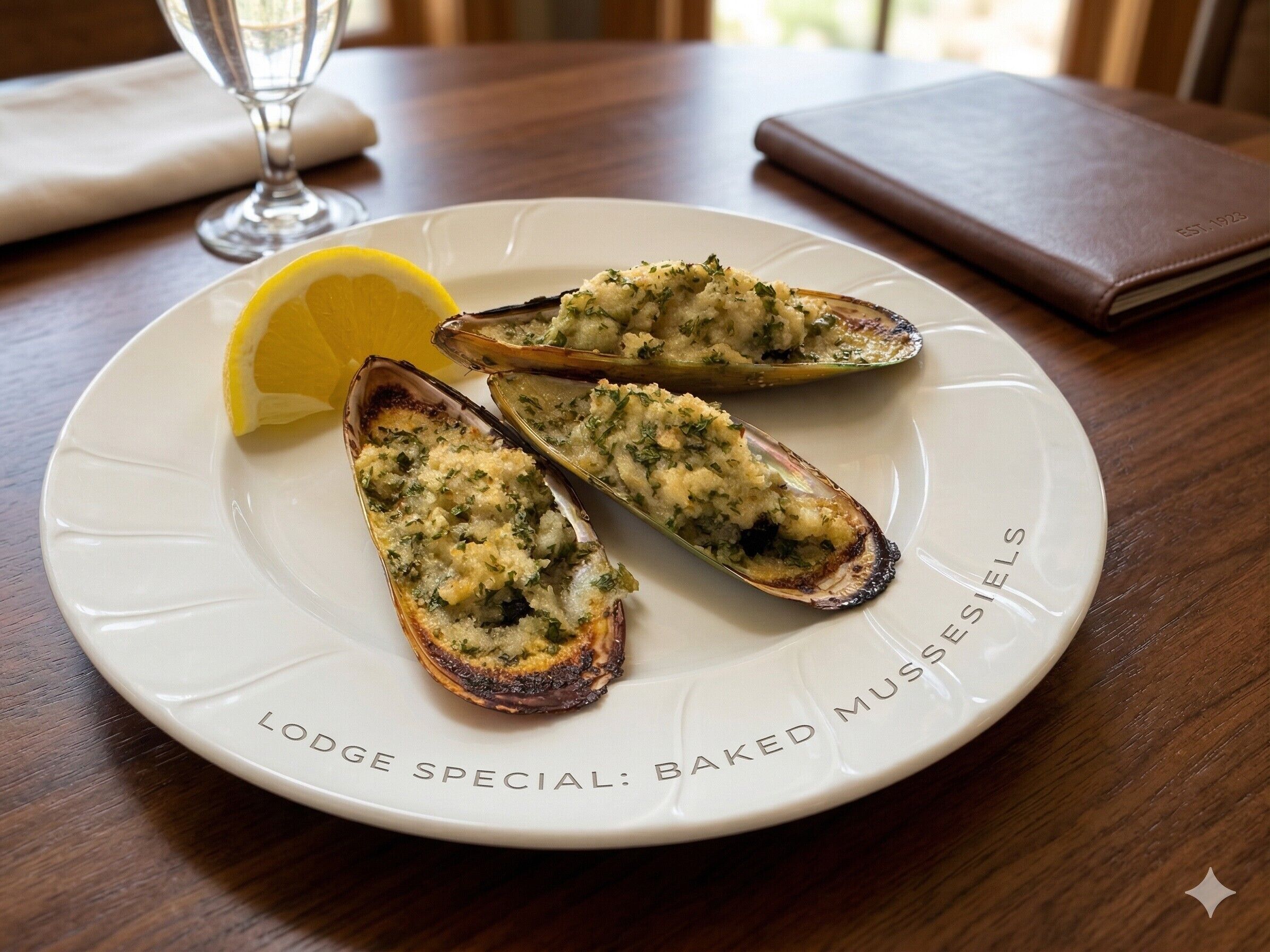 A plate with baked mussels on a white plate with embossed text.