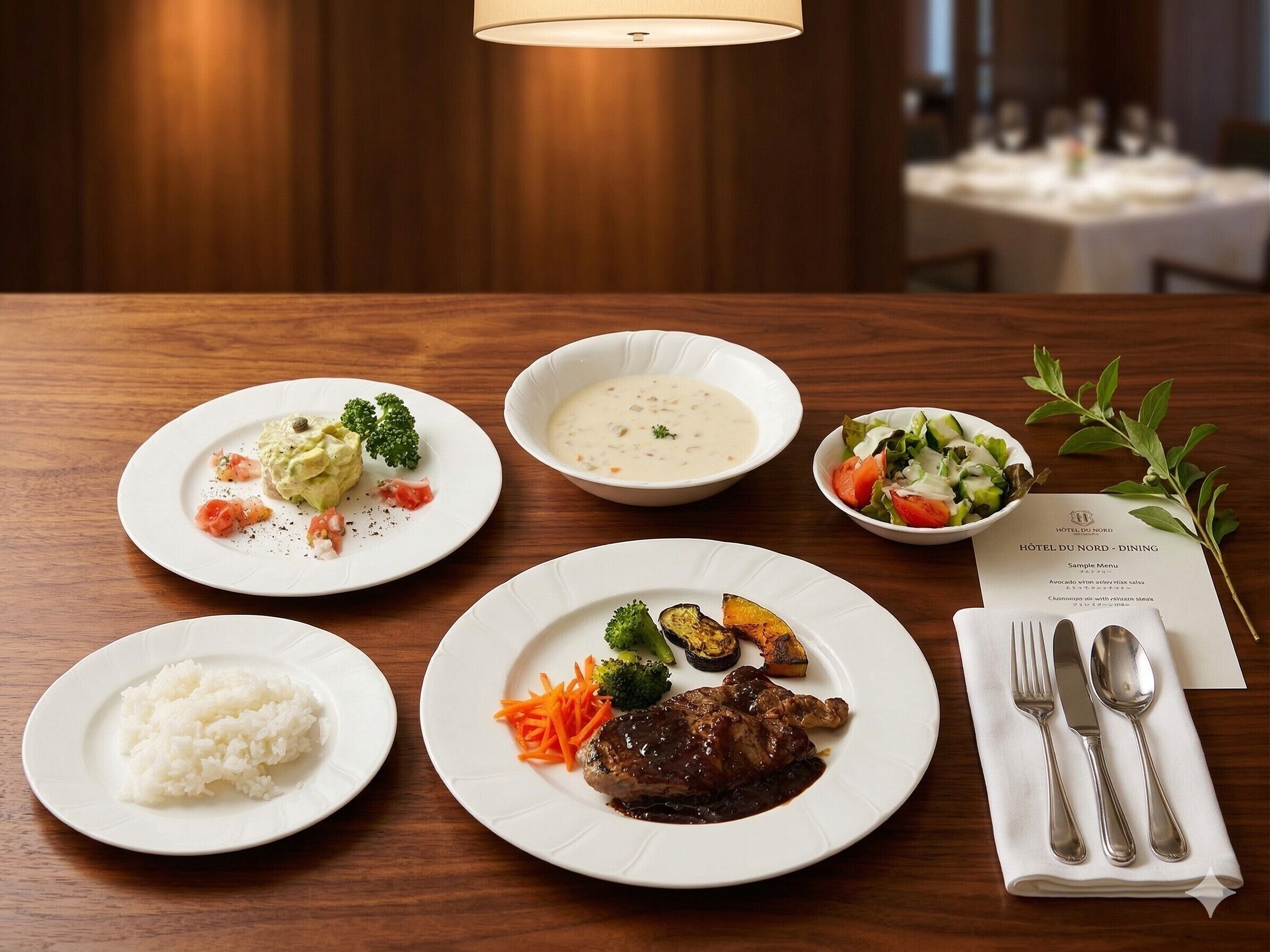 A dining table with plates of food, a menu, and cutlery.