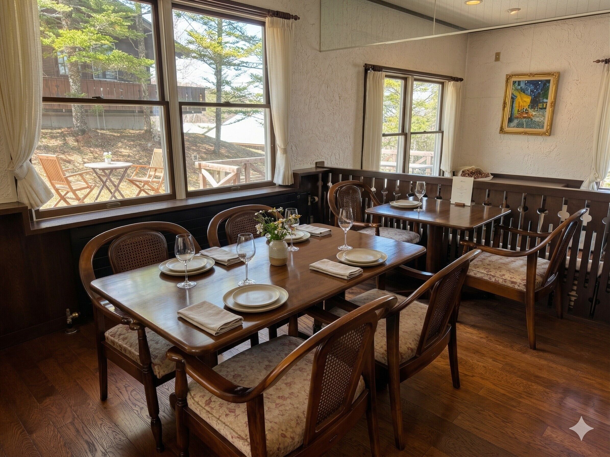 Un comedor con una mesa de madera dispuesta para seis personas, rodeada de sillas con asientos acolchados.