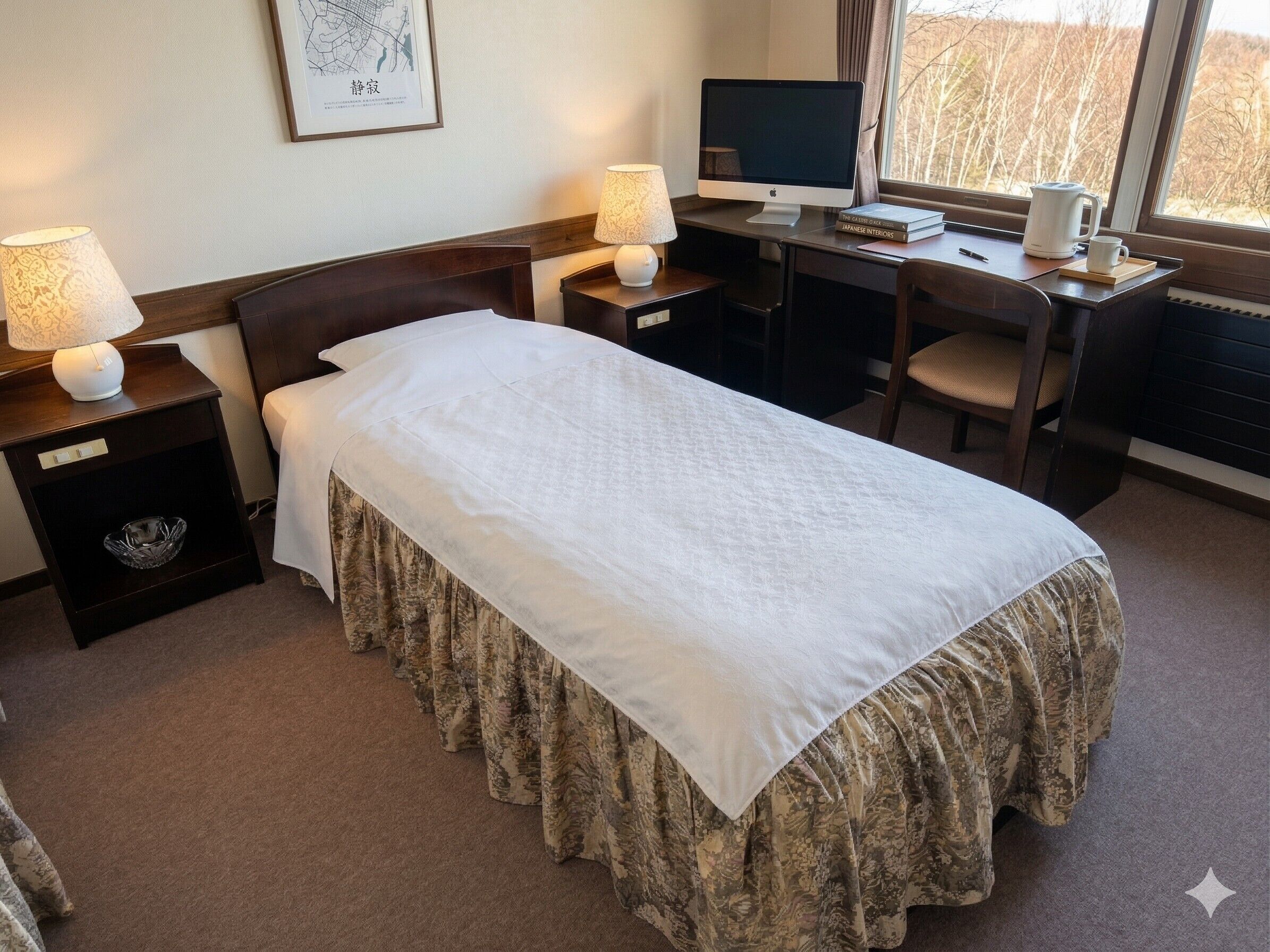 Desk, laptop workspace, blackout drapes, iron/ironing board