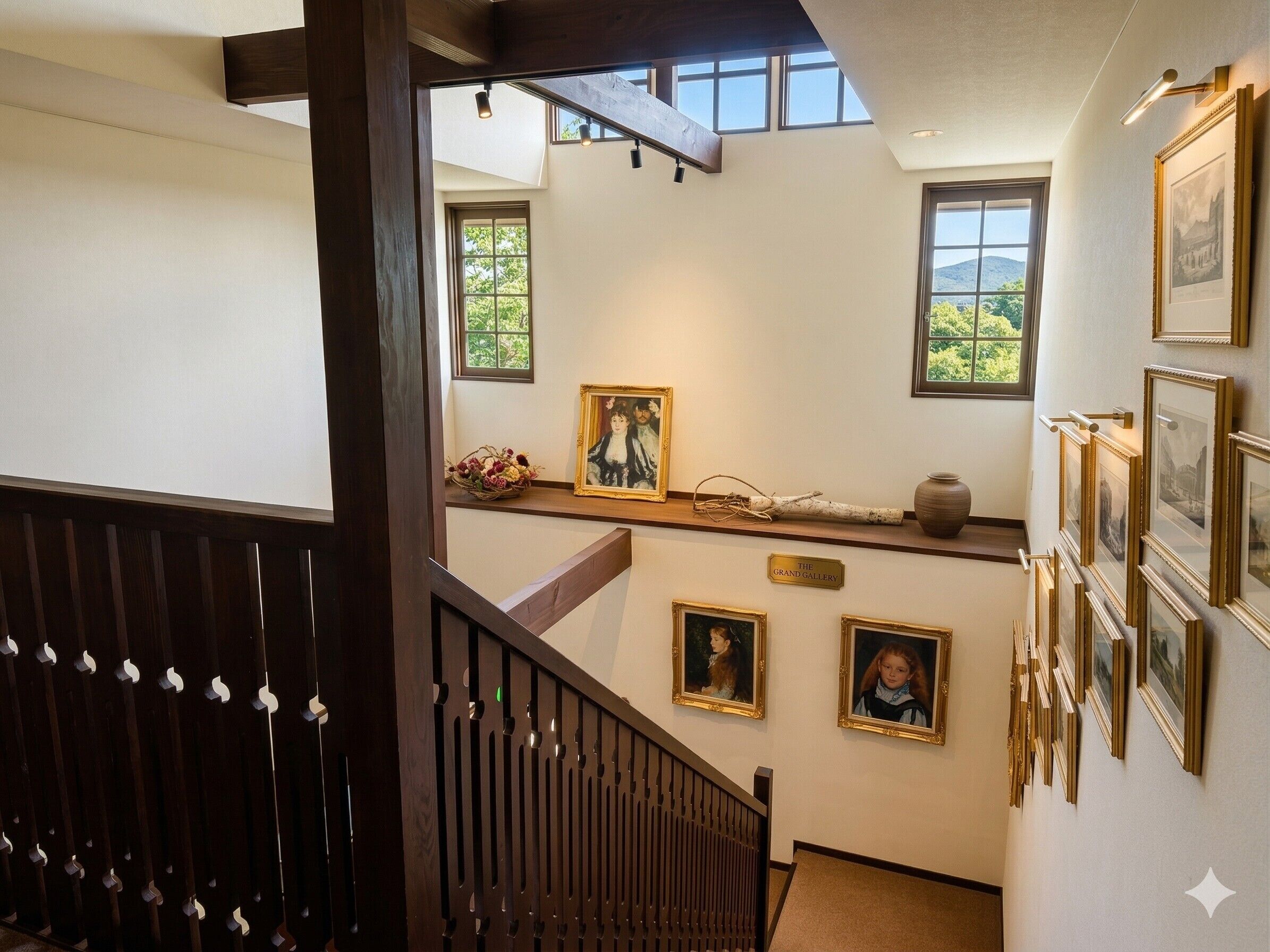 A staircase with a wooden railing, a wall with framed pictures, and a sign reading 'The Grand Gallery'.