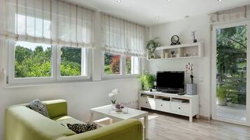 Fernseher, Kamin, DVD-Player, Stereoanlage