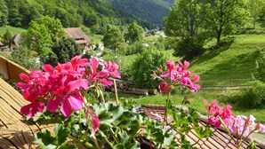 Vista de un paisaje rural con una terraza de madera y flores rosadas al frente.