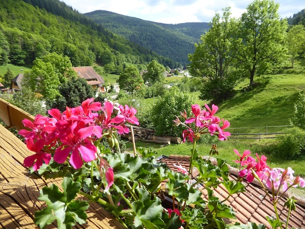 Une vue d’un paysage rural avec une terrasse en bois et des fleurs roses au premier plan.