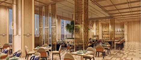 A spacious restaurant with high ceilings, wooden paneling, and a patterned floor. Tables are set with chairs, and a bar area is visible in the background.