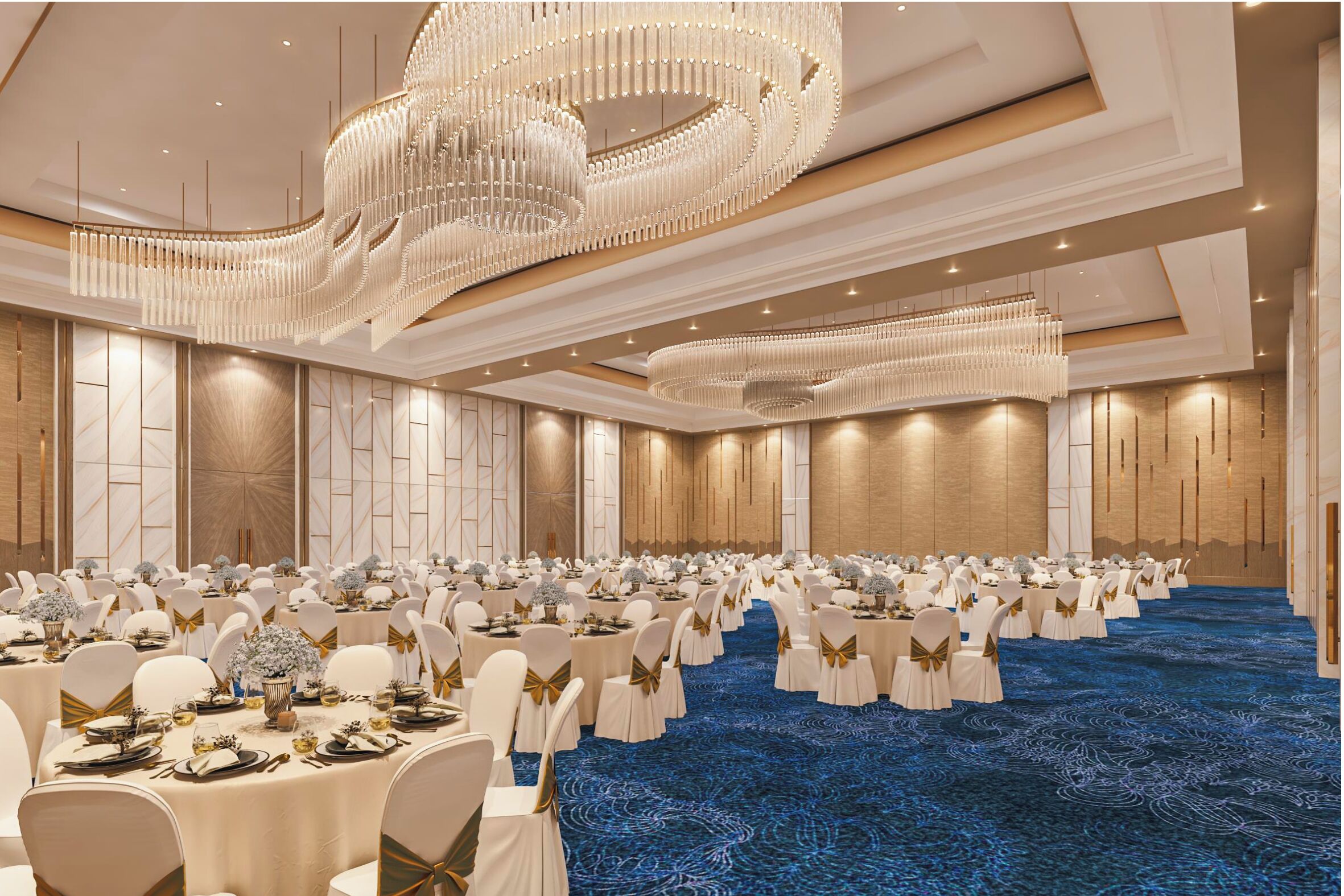 A banquet hall with round tables, white chairs, and gold accents.