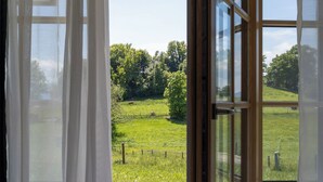 Una finestra aperta con tende bianche, che mostra un paesaggio erboso e alberi sullo sfondo.