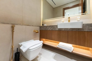 Shower, hair dryer, shampoo