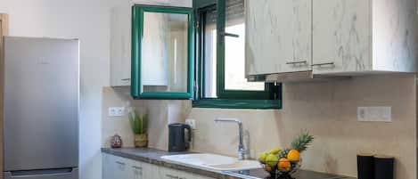 Fridge, oven, coffee/tea maker, electric kettle