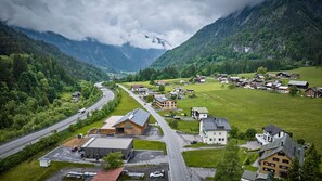 En bjerglandsby med en hovedvej, bygninger og en skovdal.