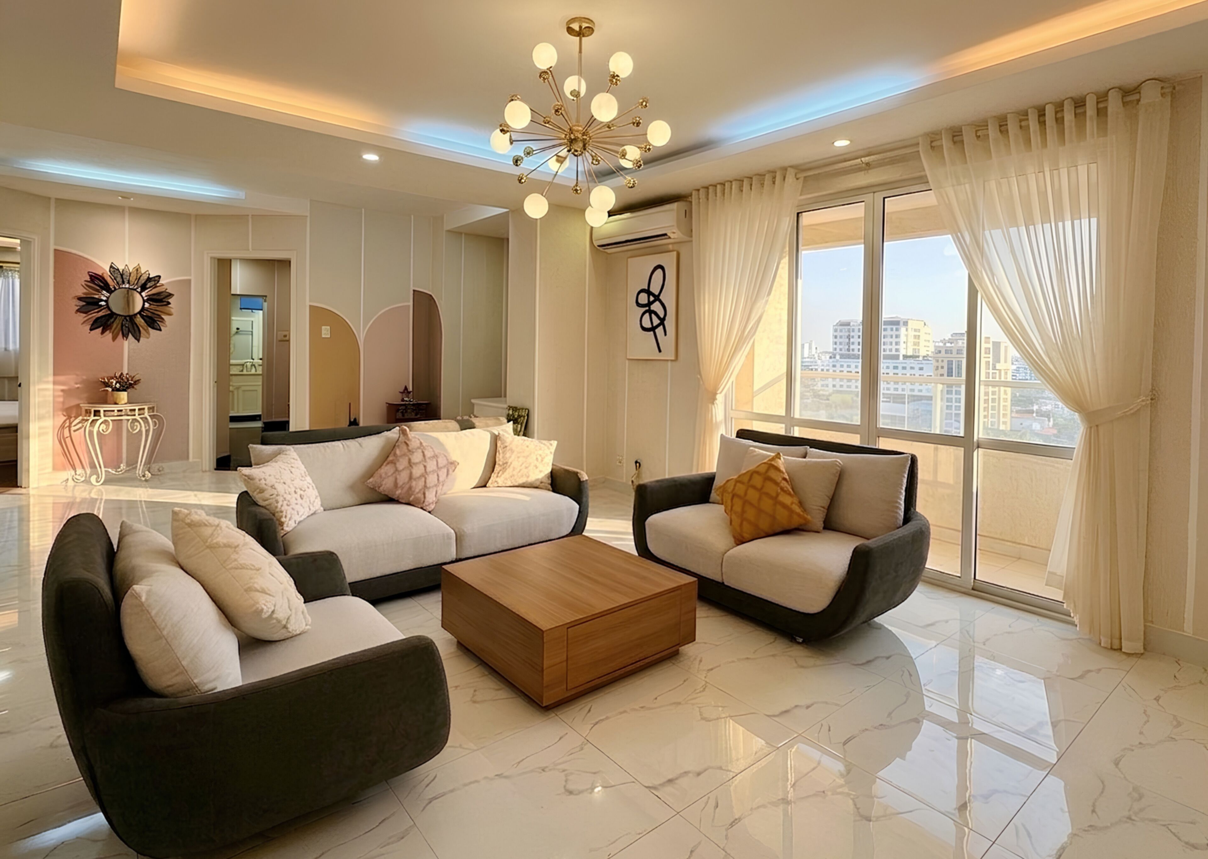 Deluxe Apartment, City View | Living area | Flat-screen TV