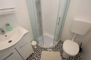 Shower, hair dryer, towels, toilet paper