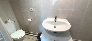 Shower, hair dryer, towels, toilet paper