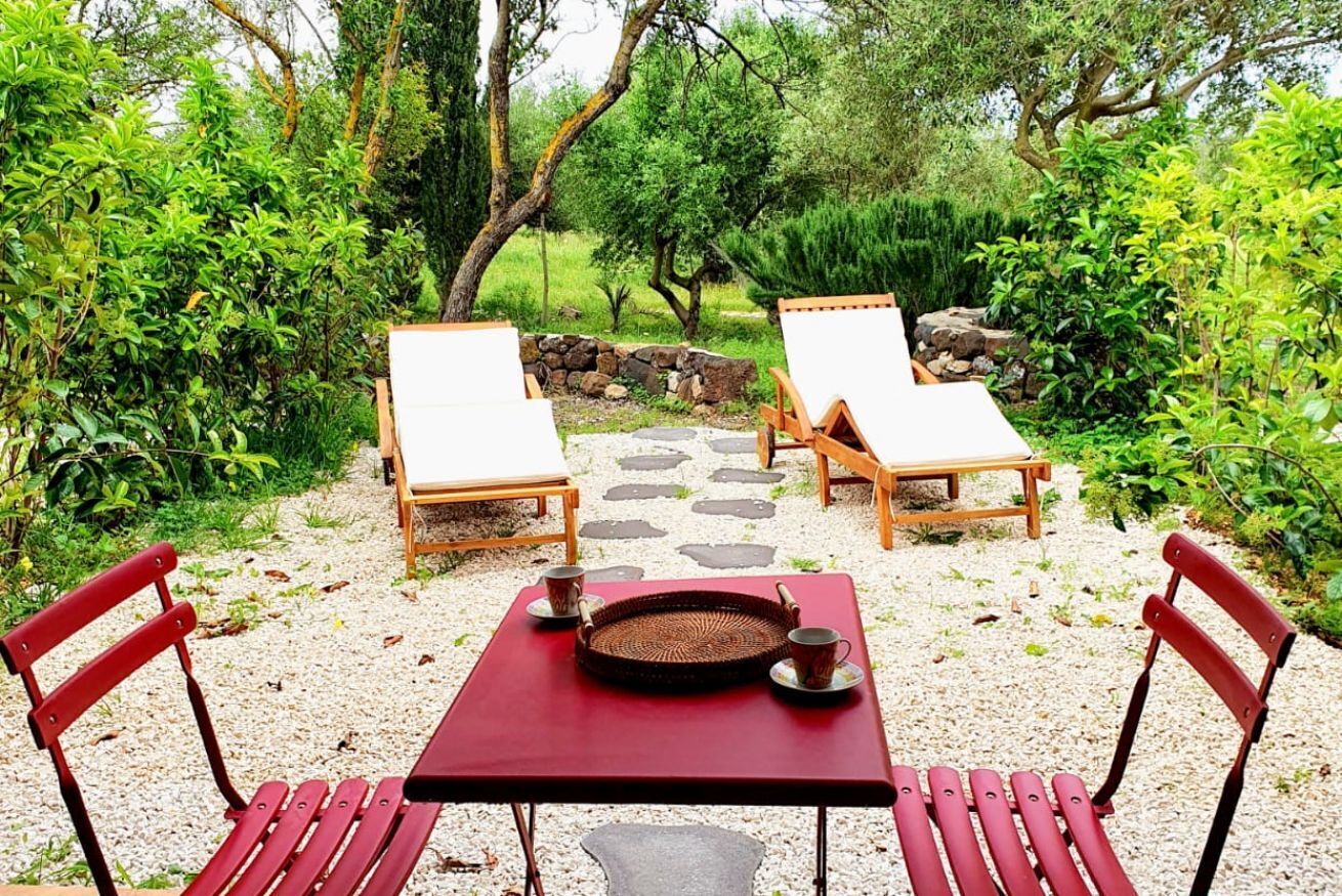 Un patio con dos sillones de madera y una mesa, rodeado de follaje y senderos de piedra.