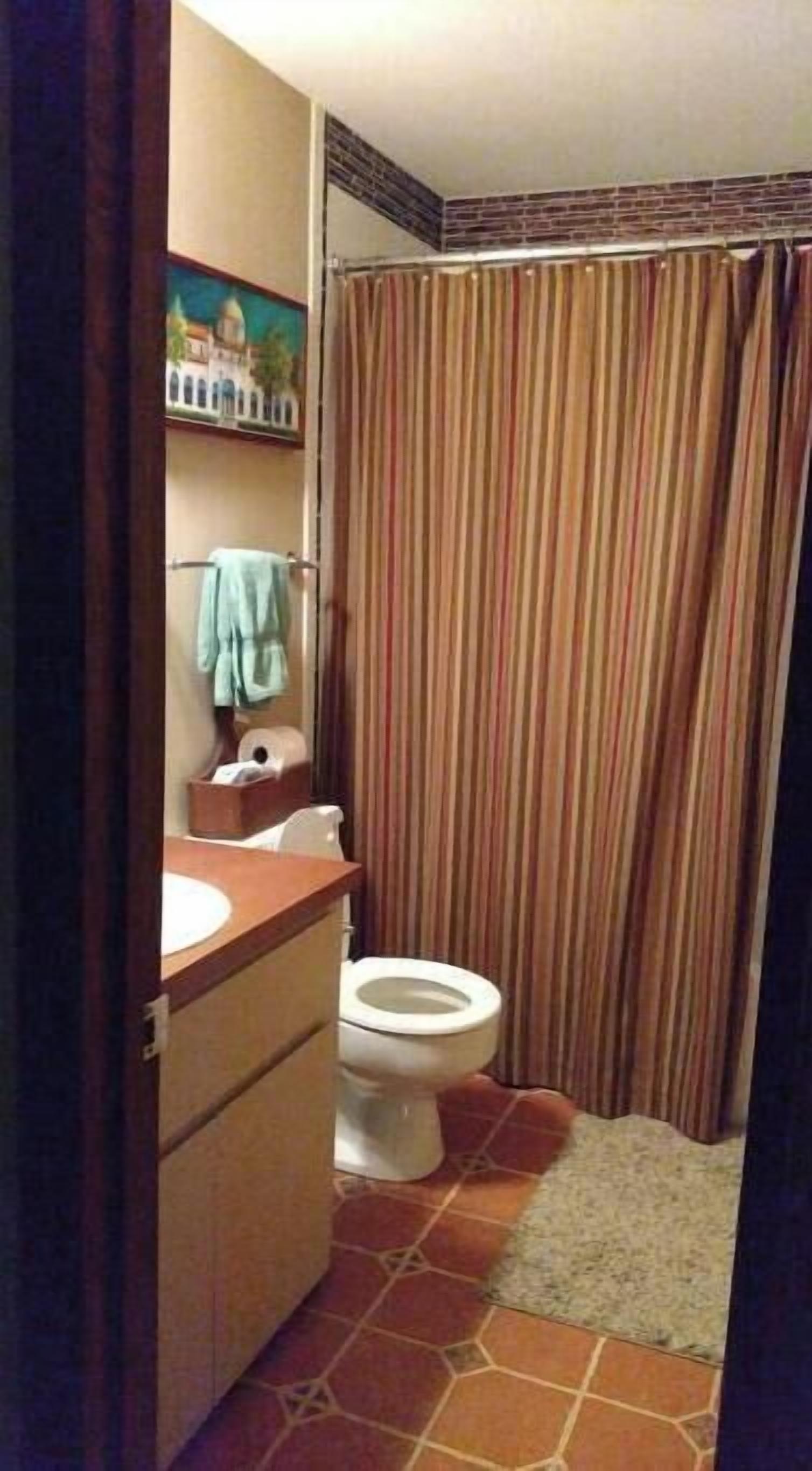 Un baño con inodoro, lavabo y cortina de ducha.
