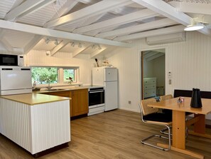 Fridge, microwave, dishwasher, cookware/dishes/utensils