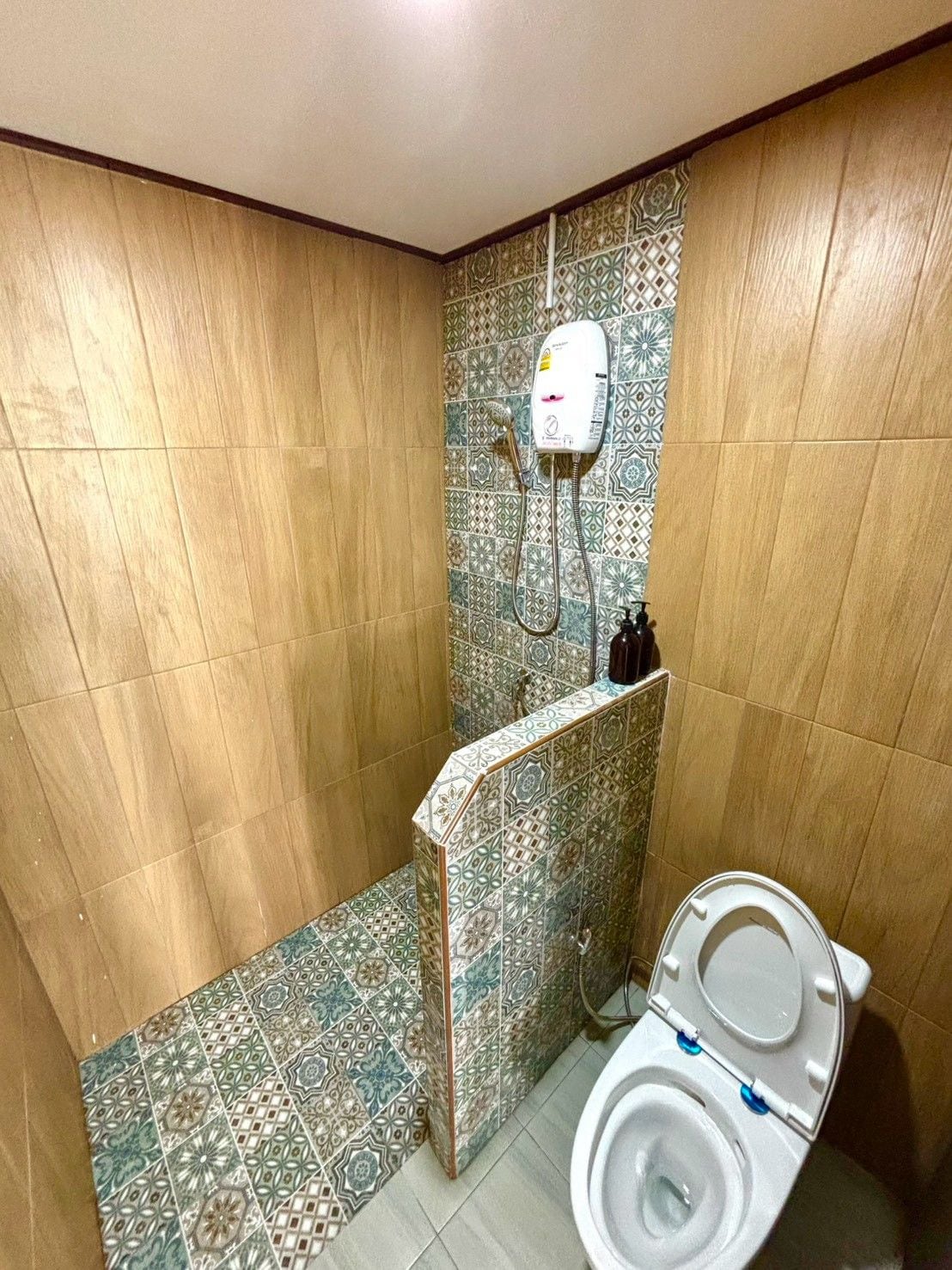 A bathroom with a shower, toilet, and a wall-mounted hairdryer.