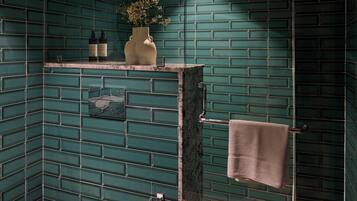 Habitación superior | Baño | Ducha, artículos de higiene personal gratuitos y secador de pelo