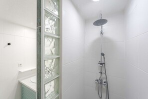 Shower, hair dryer, towels