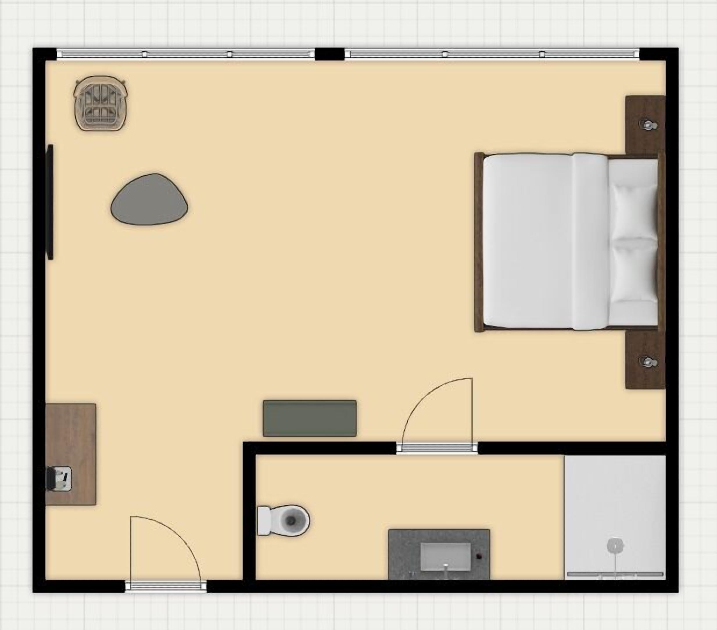 Distribución de una habitación de hotel con cama, escritorio, silla, inodoro y zona de ducha.