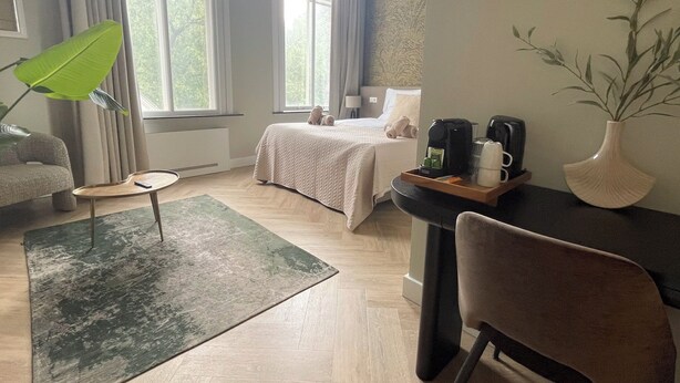 Habitación de hotel con cama, escritorio con cafetera, silla, planta verde y vista a árboles por las ventanas.