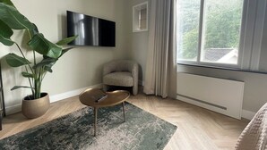 Una sala de estar con una televisión de pantalla plana, una planta en maceta, una silla, una mesa de centro y un ventanal con cortinas.