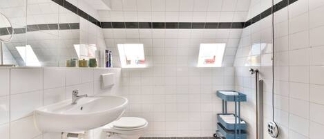 Regadera, toallas, papel de baño