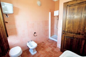 Een douche, een haardroger, een bidet, handdoeken