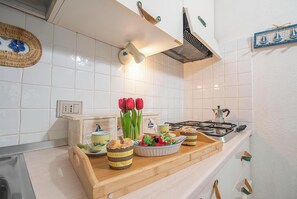 Kühlschrank, Herdplatte, Wasserkocher mit Kaffee-/Teezubehör