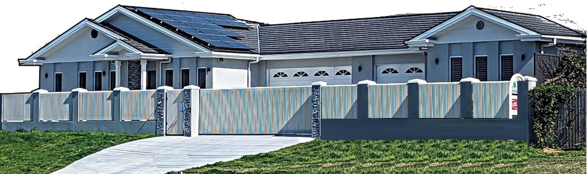 A two-story house with a garage, solar panels, and a gated driveway.