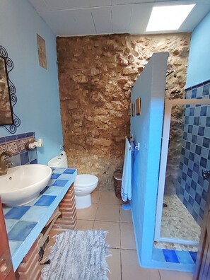 Douche, serviettes fournies, papier de toilette