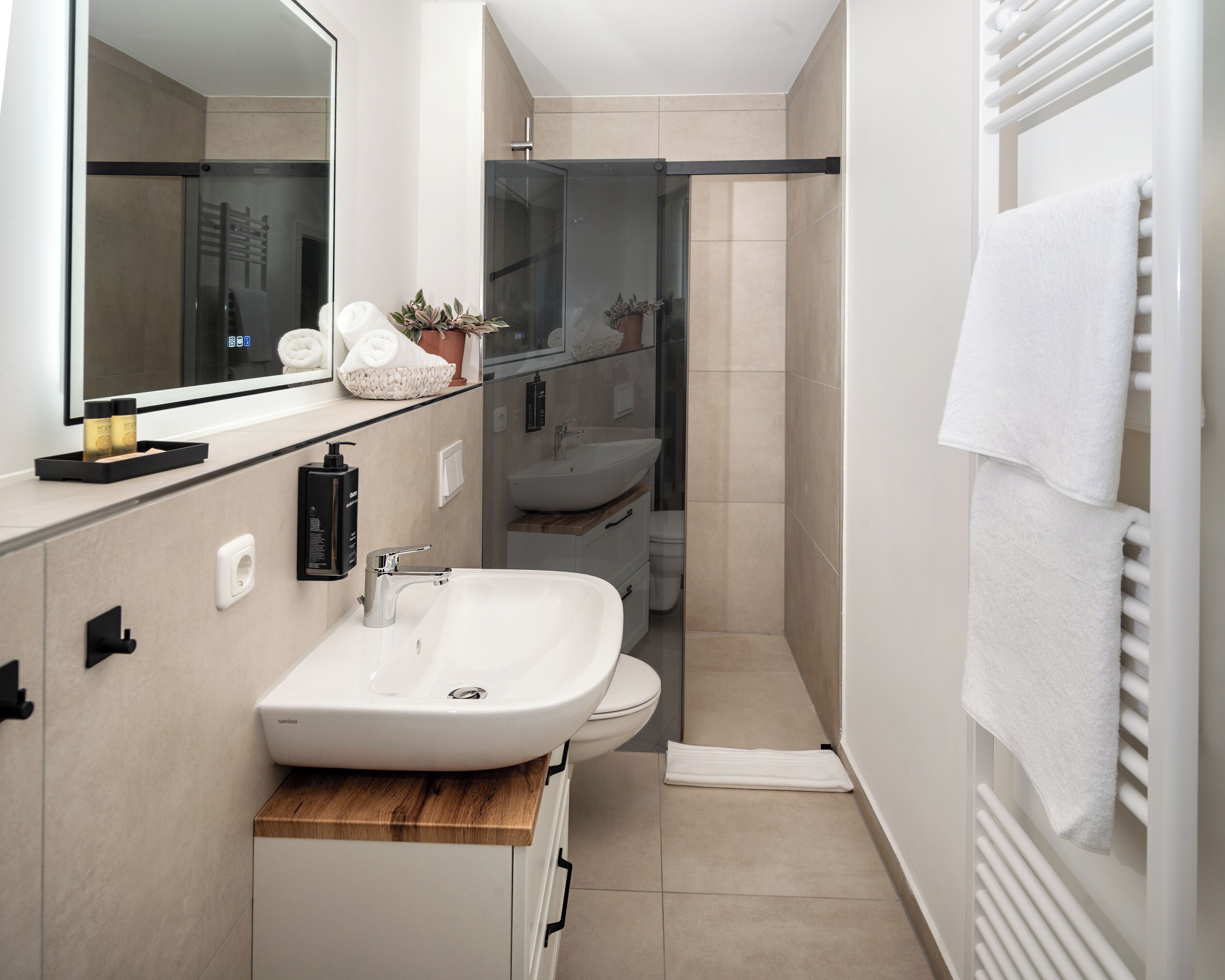 Ducha, secador de pelo, toallas, jabón