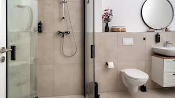 Ducha, secador de pelo, toallas, jabón