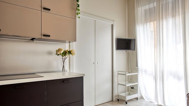 Una cuina moderna amb forlla integrada, un armari blanc, un vas petit amb flors i una televisió sobre un suport.