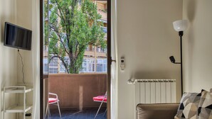 Habitació amb televisió, radiador, sofà i vista a un arbre i un edifici per una porta oberta.
