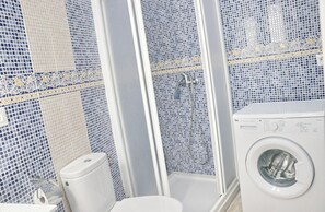 Une salle de bain équipée d’une douche, de toilettes et d’un lave-linge.