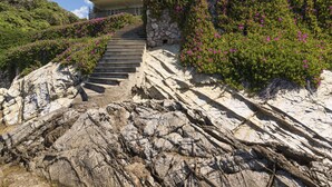 A multi-level stone staircase leading to a modern two-story building with balconies, surrounded by lush greenery and pink flowers. - Cosy apartment for 7 guests with WIFI, TV, terrace and pets allowed (Civitavecchia)
