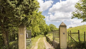 Een landelijke poort met een metalen hek en een onverharde pad dat door een bebost gebied loopt.