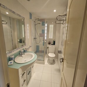 Een douche, een bidet, handdoeken, zeep