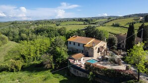 Una villa con piscina, rodeada de exuberante vegetación y viñedos.