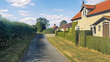 Une étroite route de campagne bordée de maisons aux toits de tuiles rouges et aux murs de pierre.